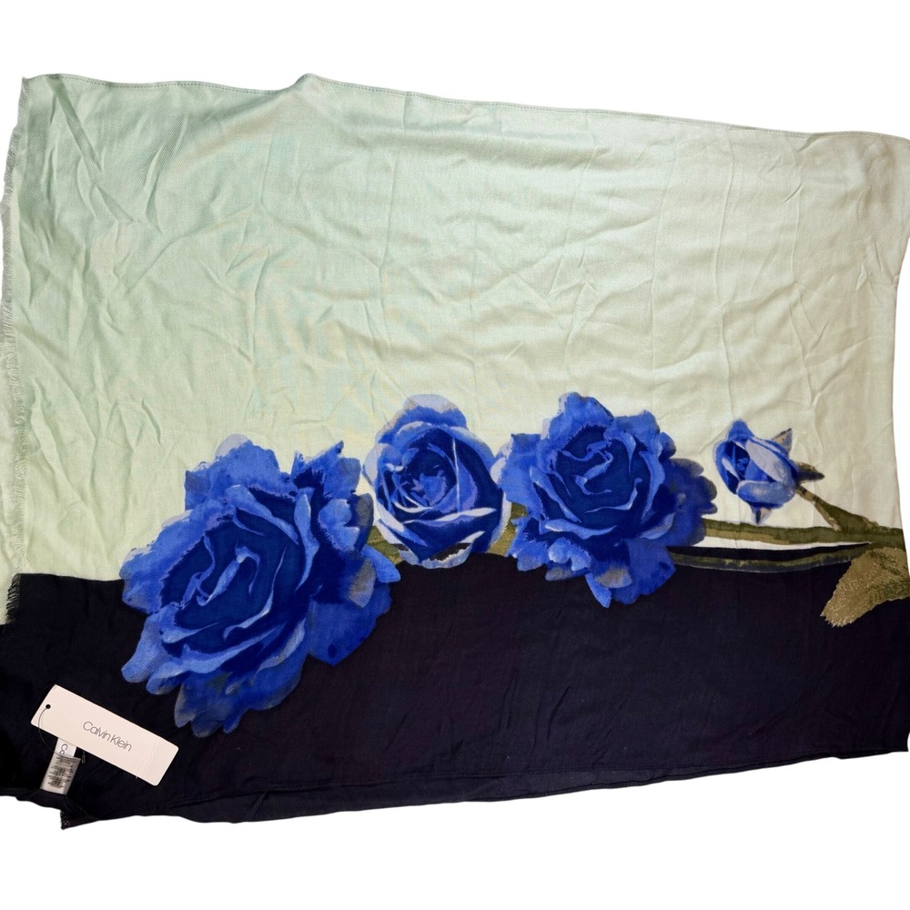 Calvin Klein Blue Rose Floral Shawl Wrap Large Mint Green 72"x27" Pashmina